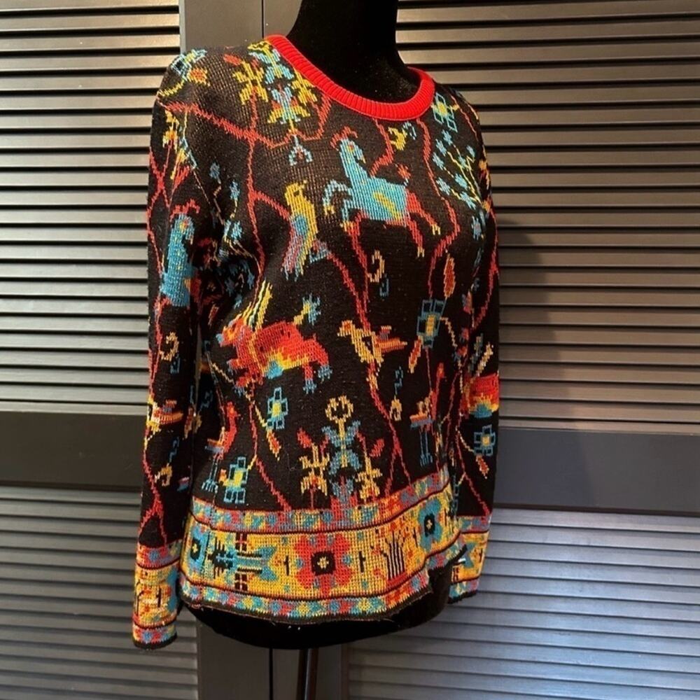 Vintage Boho Sweater, Colorful Plants & Animals on a Black Background, Size S/M - Picture 4 of 11